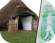 A reconstructed Bronze Age hut at Flag Fen, Peterborough, which features a thatched roof and wattle and daube walls